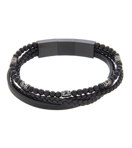 Mens Bracelet 21-23 cm Black Multi-Leather with Stone and extender