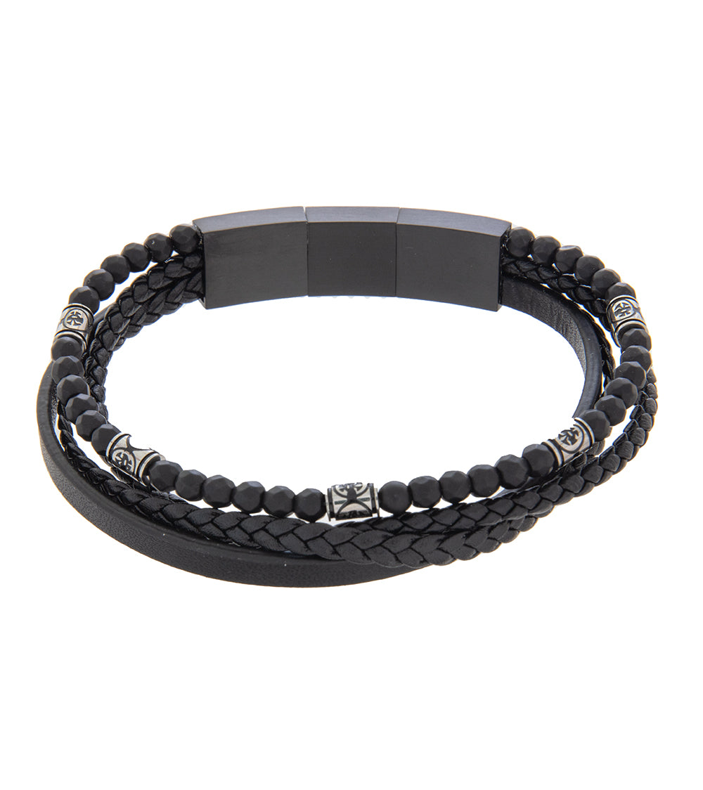 Mens Bracelet 21-23 cm Black Multi-Leather with Stone and extender