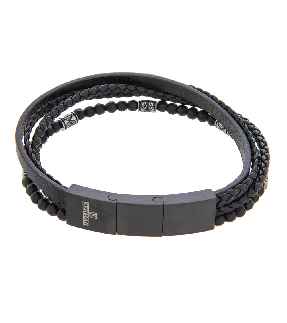 Pulsera de hombre 21-23 cm Multipiel Negra con Piedra y extensor