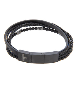 Mens Bracelet Black Multi-Leather with Stone and extender