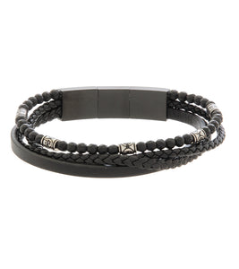 Mens Bracelet Black Multi-Leather with Stone and extender