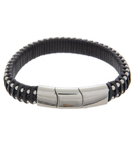 Mens Bracelet 19-21cm Steel Black Leather Medium and extender