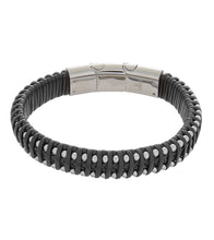 Mens Bracelet 19-21cm Steel Black Leather Medium and extender