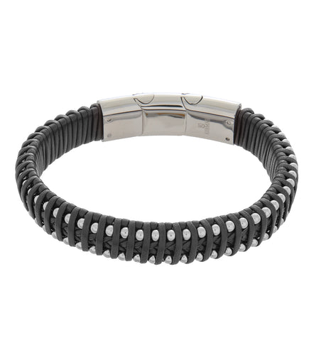 Mens Bracelet Steel Black Leather Medium and extender