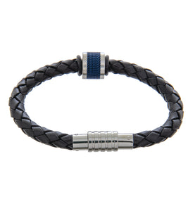 Mens Bracelet 19cm Black Leather with Blue Mesh Accent