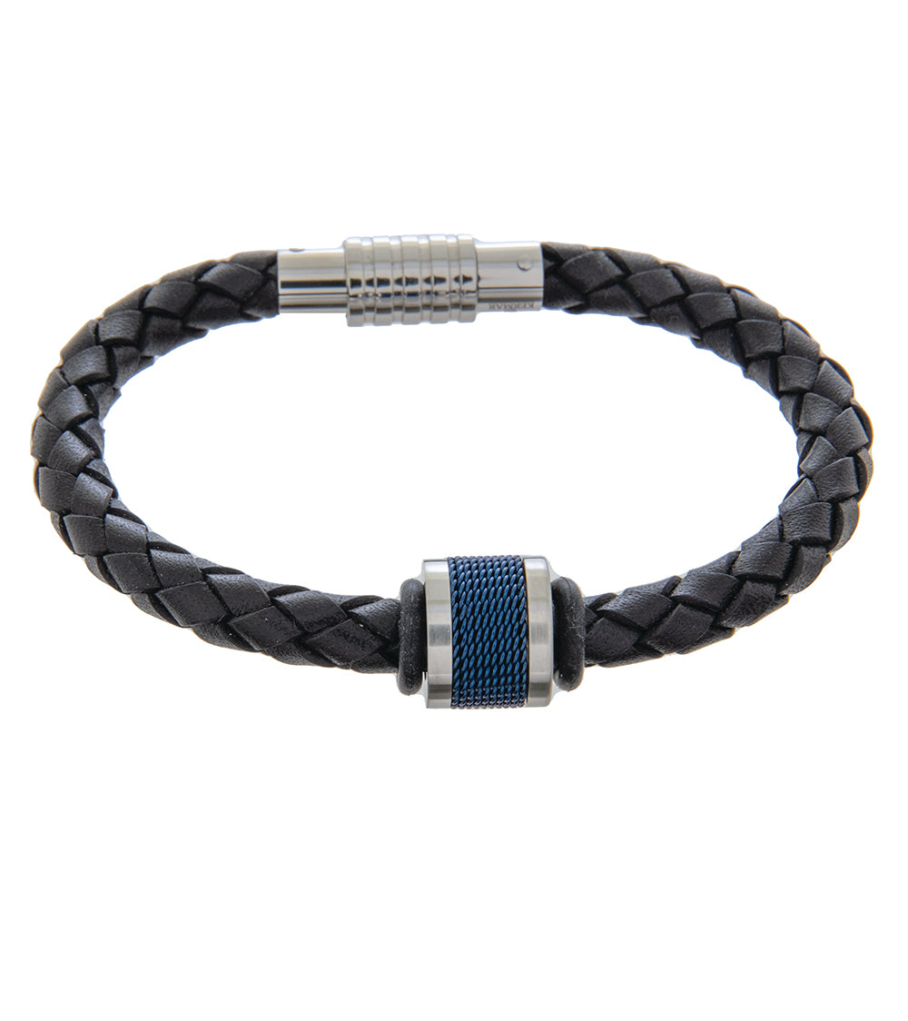 Mens Bracelet 19cm Black Leather with Blue Mesh Accent