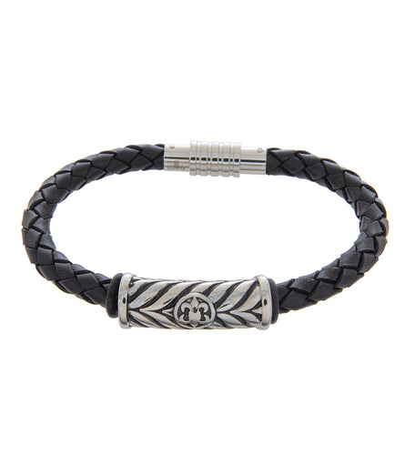 Mens Bracelet 21cm Black Leather with Long Fleur De Lis Braid Link