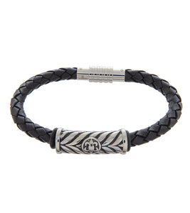 Mens Bracelet 21cm Black Leather with Long Fleur De Lis Braid Link