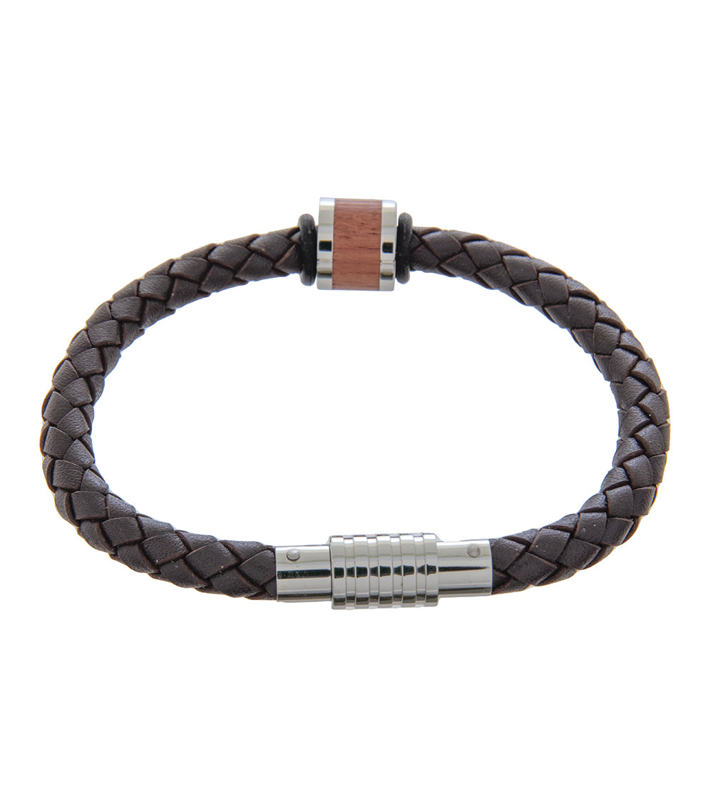 Pulsera para hombre de 21 cm de cuero marrón con eslabón largo de bubinga