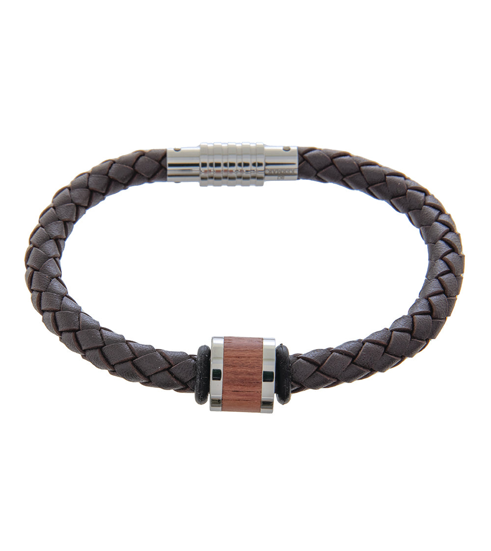 Pulsera para hombre de 21 cm de cuero marrón con eslabón largo de bubinga