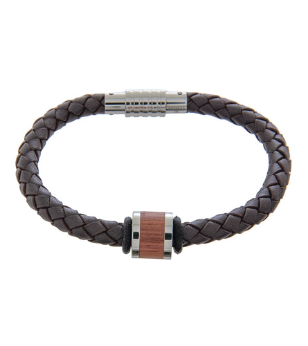 Mens Bracelet 21cm Brown Leather with Long Bubinga Link