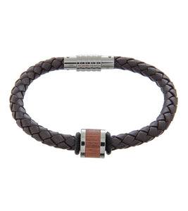 Mens Bracelet 21cm Brown Leather with Long Bubinga Link