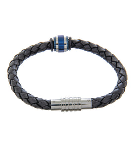 Mens Bracelet 21cm Black Leather with Blue Accent