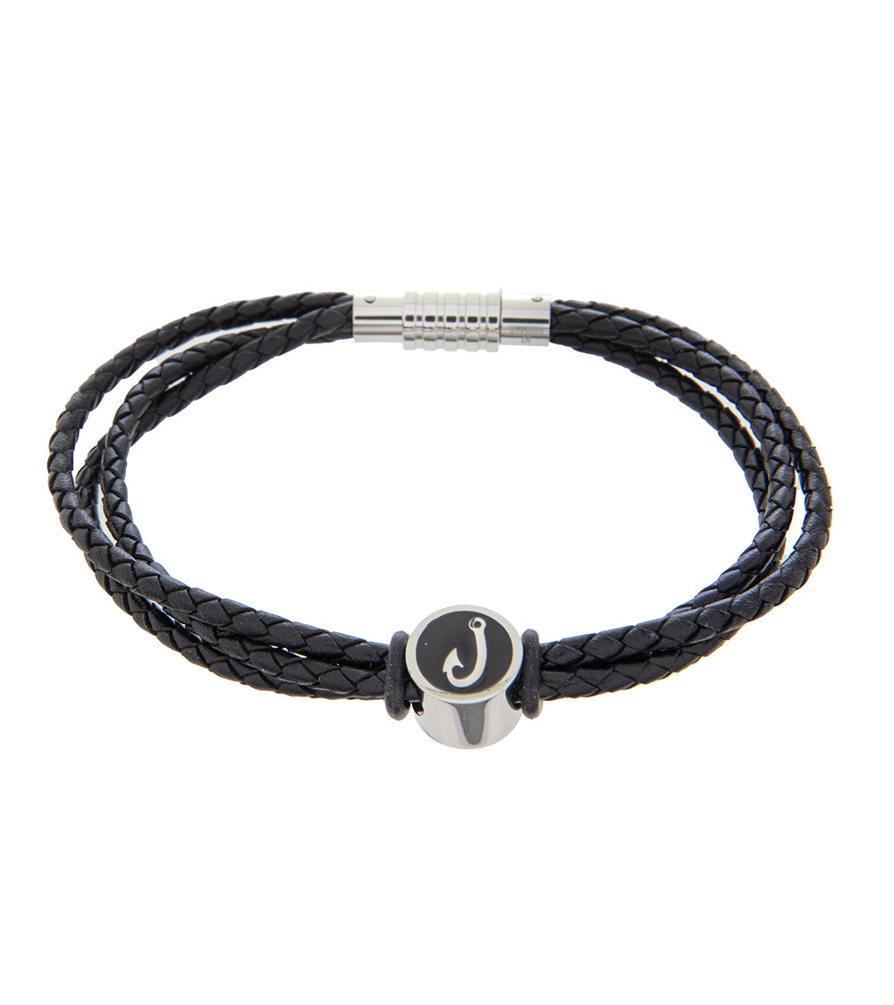 Mens Bracelet 23cm Triple Black Leather with Hook Accent