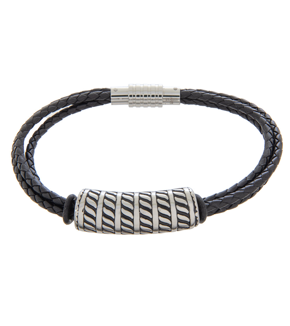 Mens Bracelet 23cm Triple Black Leather with Long Cable Link