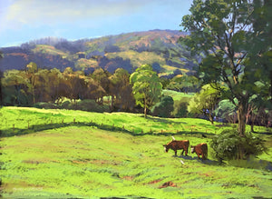 Original Pastel Painting "Egrets and Cows in Makawao" by Michael Clements 24x18