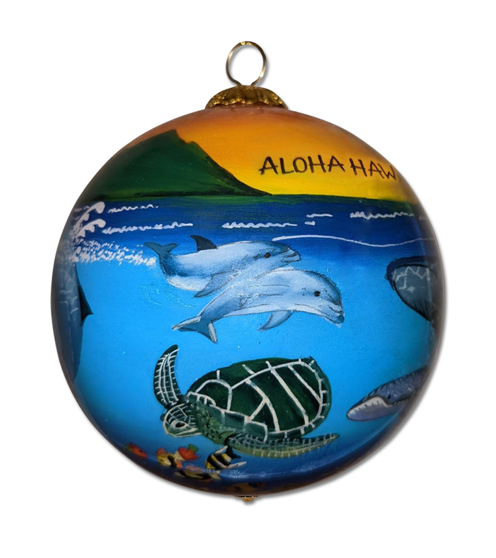 Glass Ornament - Humpback Whales, Dolphins and Honu