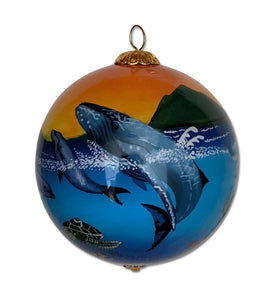 Glass Ornament - Humpback Whales, Dolphins and Honu