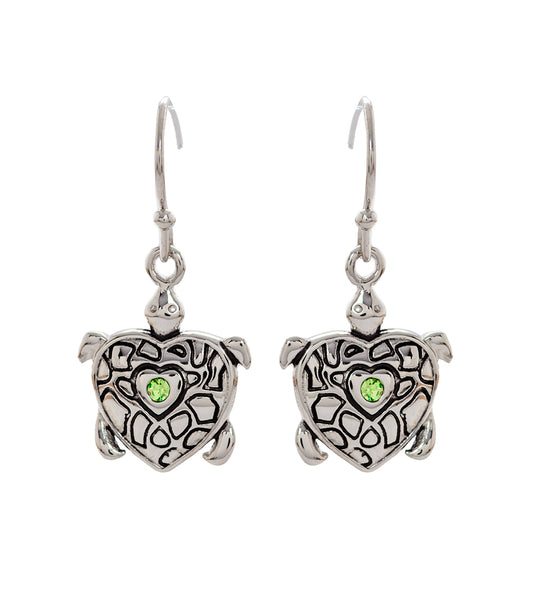 Peridot Honu Earrings, Rhodium Plated