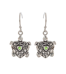 Peridot Honu Earrings, Rhodium Plated