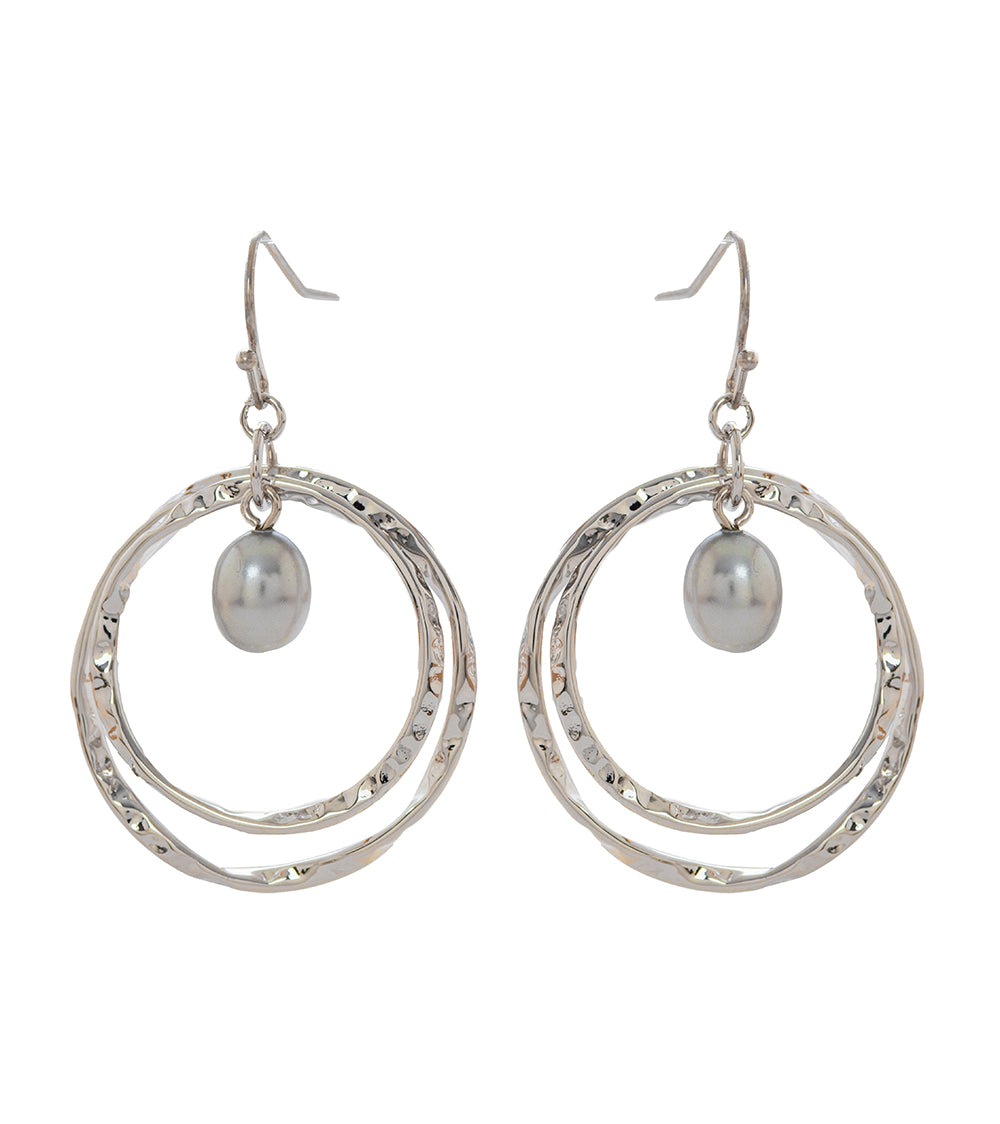 Pendientes de perla de doble círculo, bañados en rodio