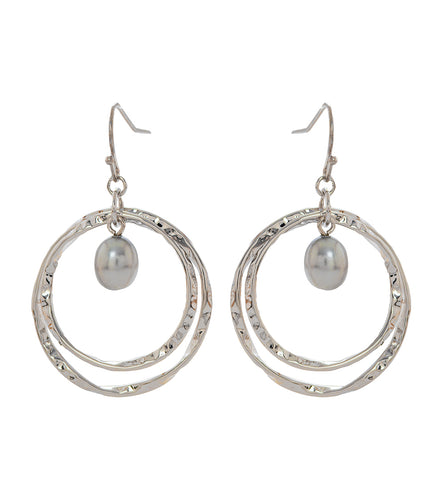 Pearl Double-Circle Earrings, Rhodium Plated