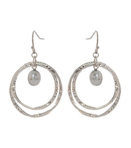 Pearl Double-Circle Earrings, Rhodium Plated
