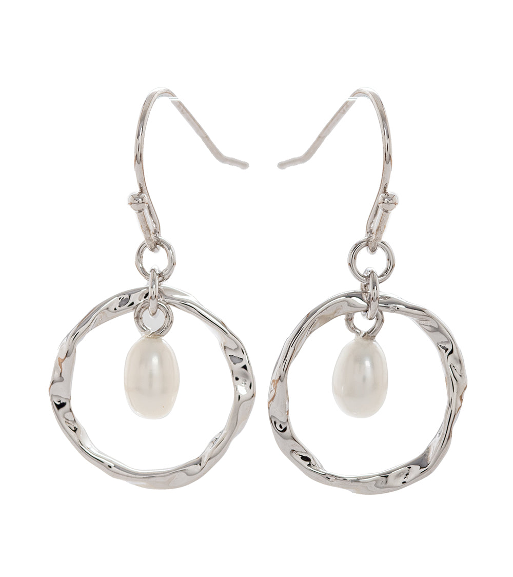 Pearl Circle Earrings, Rhodium Plated