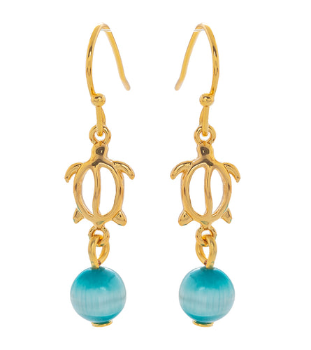 Honu Earrings, Blue Cat's eye, Gold Plated