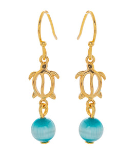 Honu Earrings, Blue Cat's eye, Gold Plated