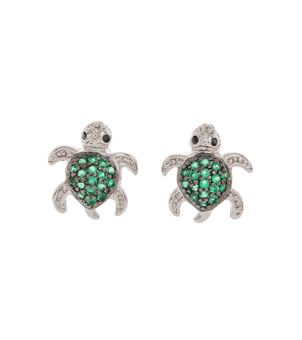 Honu Earrings, Green Cubic Zirconia Pave, Rhodium Plated