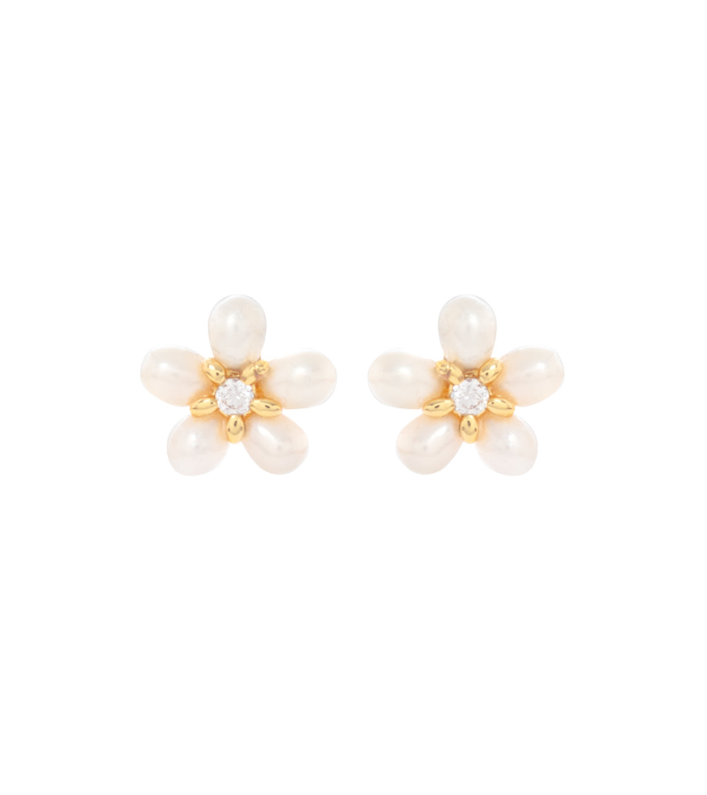 Pearl Plumeria Earrings, Cubic Zirconia