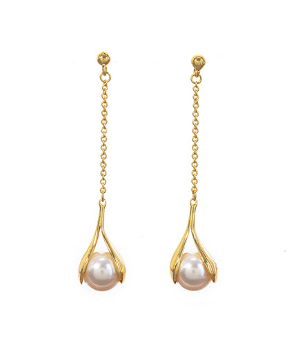 Gold 8mm Pearl with chain Earrings