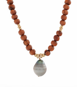 Tahitian Pearl Koa Bead Necklace 18"