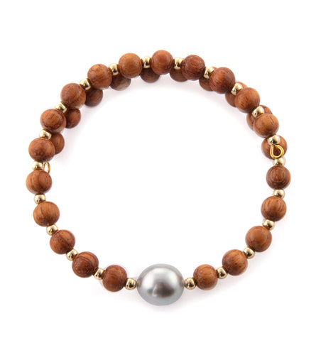 Koa and Tahitian Pearl Beaded Bracelet - Gold Filled