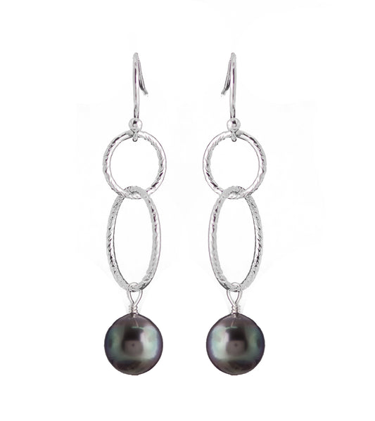 Tahitian Pearl Circle Kite Earrings - Sterling Silver