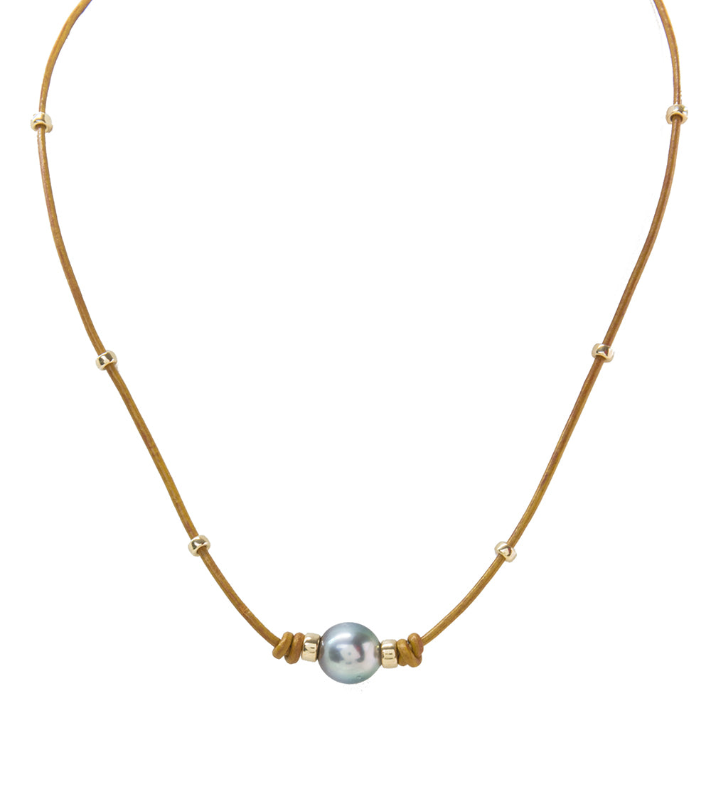 Collar de perlas de Tahití de cuero color canela con cuentas - Relleno de oro
