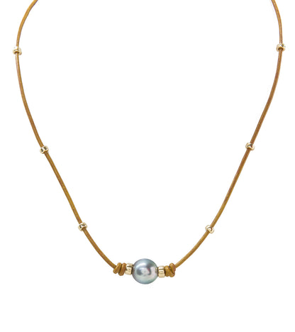 Collar de perlas de Tahití de cuero color canela con cuentas - Relleno de oro