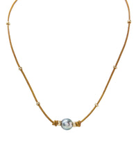 Tan Leather Tahitian Pearl Necklace with Beads - Gold Filled