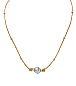 Tan Leather Tahitian Pearl Necklace with Beads - Gold Filled
