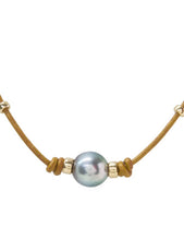 Tan Leather Tahitian Pearl Necklace with Beads - Gold Filled