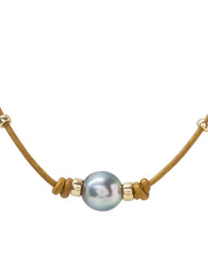 Tan Leather Tahitian Pearl Necklace with Beads - Gold Filled