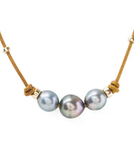 Tan Leather Three Tahitian Pearl Necklace with Beads - Gold Filled