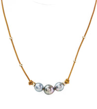 Tan Leather Three Tahitian Pearl Necklace with Beads - Gold Filled