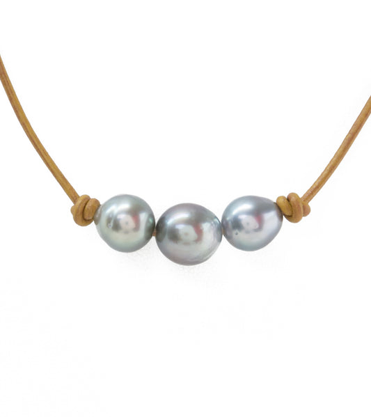 Tan Leather Four Tahitian Pearl Simple Choker