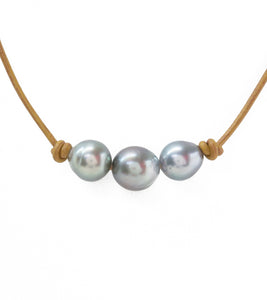 Tan Leather Four Tahitian Pearl Simple Choker