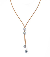 Tan Leather Five Tahitian Pearl "Y" Necklace