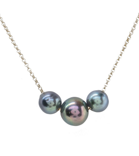 Floating Three Tahitian Pearls Necklace - Sterling Silver