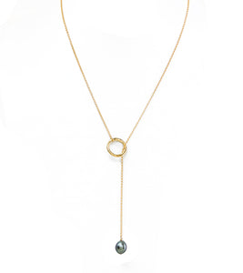 Circle Chain Lariat Tahitian Pearl Necklace - Gold Filled