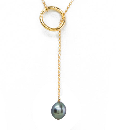 Circle Chain Lariat Tahitian Pearl Necklace - Gold Filled